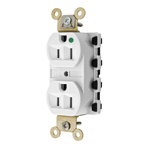 Hubbell SNAP8200WA, SNAPConnect Extra Heavy Duty Duplex Receptacles, Hospital Grade, Finder Groove, Nylon Face, 15A 125V, 5-15R, 2-Pole 3-Wire Grounding, White