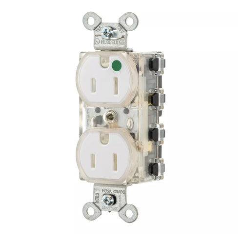 Hubbell SNAP8200WLTR, SNAPConnect Extra Heavy Duty Duplex Receptacles, Hospital Grade, Tamper Resistant, LED Indicator, Smooth Face, 15A 125V, 5-15R, 2-Pole 3-Wire Grounding, White