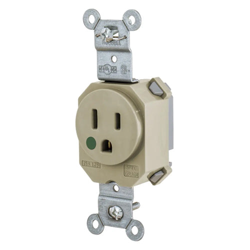 Hubbell  SNAP8210I, SNAPConnect Extra Heavy Duty Receptacles, Single, Hospital Grade, 15A 125V, 5-15R, 2-Pole 3-Wire Grounding, Ivory