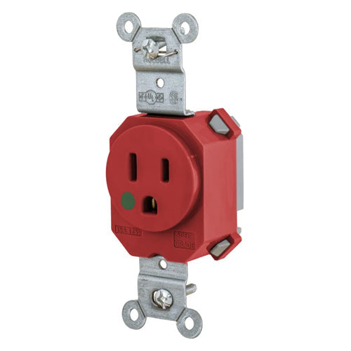 Hubbell SNAP8210R, SNAPConnect Extra Heavy Duty Receptacles, Single, Hospital Grade, 15A 125V, 5-15R, 2-Pole 3-Wire Grounding, Red