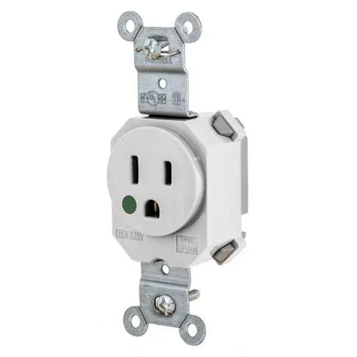 Hubbell SNAP8210W, SNAPConnect Extra Heavy Duty Receptacles, Single, Hospital Grade, 15A 125V, 5-15R, 2-Pole 3-Wire Grounding, White