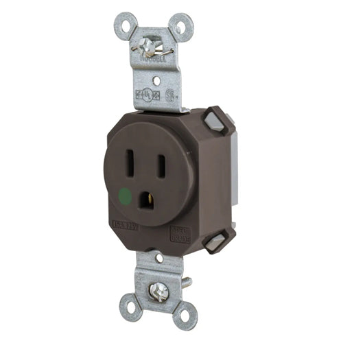 Hubbell SNAP8210, SNAPConnect Extra Heavy Duty Receptacles, Single, Hospital Grade, 15A 125V, 5-15R, 2-Pole 3-Wire Grounding, Brown