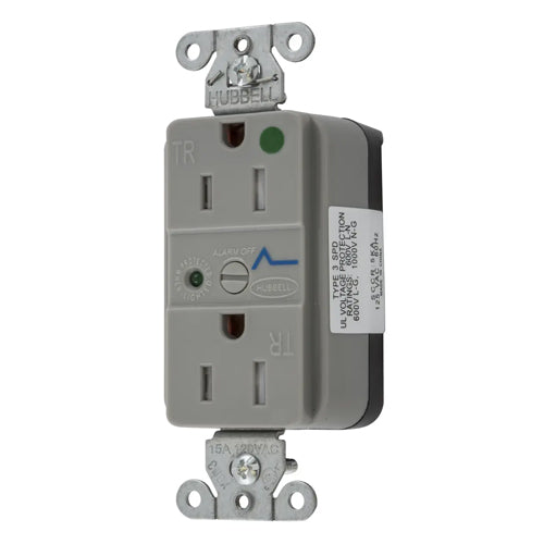 Hubbell SNAP8262GYS, SNAPConnect Surge Protection Duplex Receptacles, LED Indicator, Hospital Grade, Tamper Resistant, Smooth Face, 15A 125V, 5-15R, 2-Pole 3-Wire Grounding, Gray