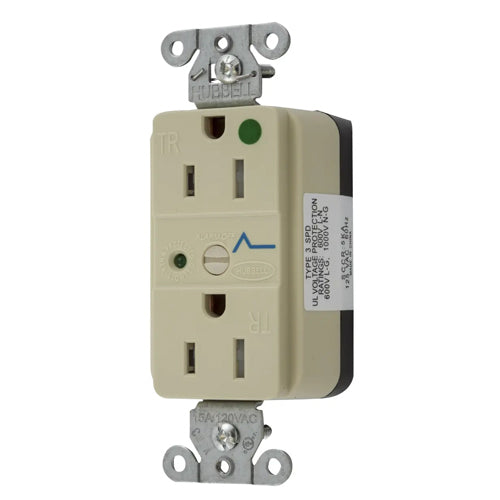 Hubbell SNAP8262IS, SNAPConnect Surge Protection Duplex Receptacles, LED Indicator, Hospital Grade, Tamper Resistant, Smooth Face, 15A 125V, 5-15R, 2-Pole 3-Wire Grounding, Ivory