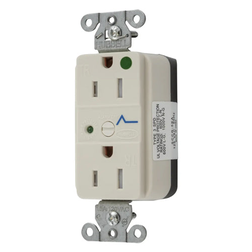 Hubbell SNAP8262LAS, SNAPConnect Surge Protection Duplex Receptacles, LED Indicator, Hospital Grade, Tamper Resistant, Smooth Face, 15A 125V, 5-15R, 2-Pole 3-Wire Grounding, Light Almond