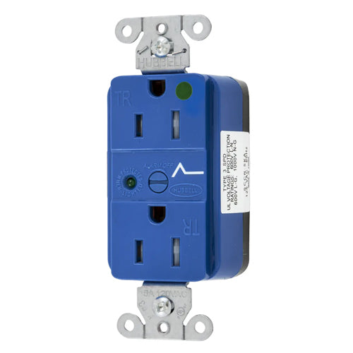 Hubbell SNAP8262S, SNAPConnect Surge Protection Duplex Receptacles, LED Indicator, Hospital Grade, Tamper Resistant, Smooth Face, 15A 125V, 5-15R, 2-Pole 3-Wire Grounding, Blue