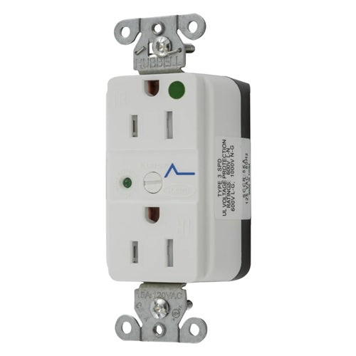 Hubbell SNAP8262WS, SNAPConnect Surge Protection Duplex Receptacles, LED Indicator, Hospital Grade, Tamper Resistant, Smooth Face, 15A 125V, 5-15R, 2-Pole 3-Wire Grounding,White