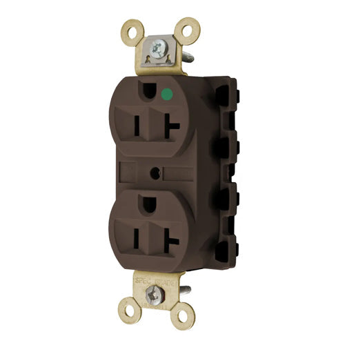 Hubbell SNAP8300A, SNAPConnect Extra Heavy Duty Duplex Receptacles, Hospital Grade, Finder Groove, Nylon Face, 20A 125V, 5-20R, 2-Pole 3-Wire Grounding, Brown