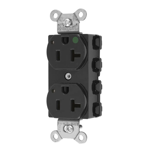 Hubbell SNAP8300BKL, SNAPConnect Extra Heavy Duty Duplex Receptacles, Hospital Grade, LED Indicator, Smooth Nylon Face, 20A 125V, 5-20R, 2-Pole 3-Wire Grounding, Black