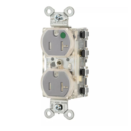 Hubbell SNAP8300GYLTR, SNAPConnect Extra Heavy Duty Duplex Receptacles, Hospital Grade, Tamper Resistant, LED Indicator, Smooth Face, 20A 125V, 5-20R, 2-Pole 3-Wire Grounding, Gray