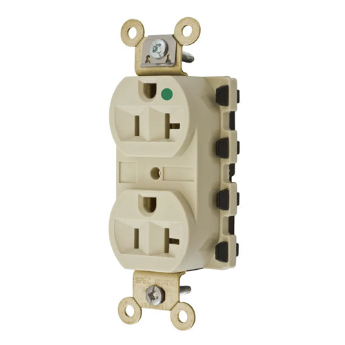 Hubbell SNAP8300IA, SNAPConnect Extra Heavy Duty Duplex Receptacles, Hospital Grade, Finder Groove, Nylon Face, 20A 125V, 5-20R, 2-Pole 3-Wire Grounding, Ivory