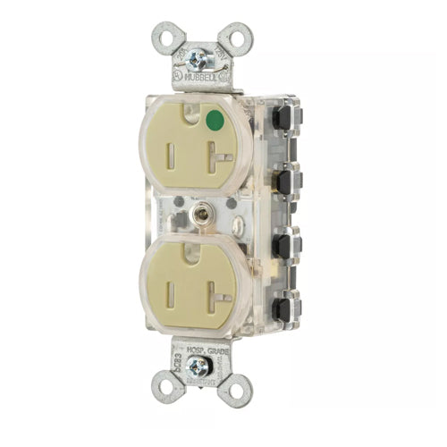 Hubbell SNAP8300ILTR, SNAPConnect Extra Heavy Duty Duplex Receptacles, Hospital Grade, Tamper Resistant, LED Indicator, Smooth Face, 20A 125V, 5-20R, 2-Pole 3-Wire Grounding, Ivory