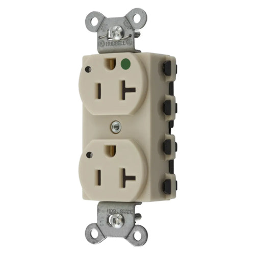 Hubbell SNAP8300IL, SNAPConnect Extra Heavy Duty Duplex Receptacles, Hospital Grade, LED Indicator, Smooth Nylon Face, 20A 125V, 5-20R, 2-Pole 3-Wire Grounding, Ivory