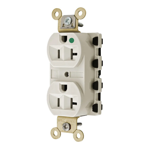 Hubbell SNAP8300LAA, SNAPConnect Extra Heavy Duty Duplex Receptacles, Hospital Grade, Finder Groove, Nylon Face, 20A 125V, 5-20R, 2-Pole 3-Wire Grounding, Light Almond