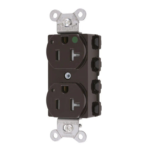 Hubbell SNAP8300LTRA, SNAPConnect Extra Heavy Duty Duplex Receptacles, Hospital Grade, Tamper Resistant, LED Indicator, Smooth Nylon Face, 20A 125V, 5-20R, 2-Pole 3-Wire Grounding, Brown