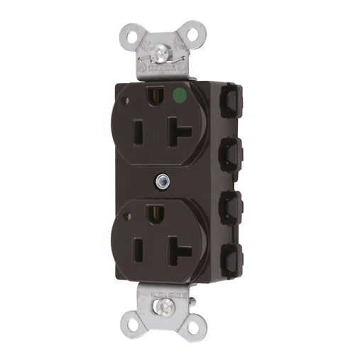 Hubbell SNAP8300L, SNAPConnect Extra Heavy Duty Duplex Receptacles, Hospital Grade, LED Indicator, Smooth Nylon Face, 20A 125V, 5-20R, 2-Pole 3-Wire Grounding, Brown