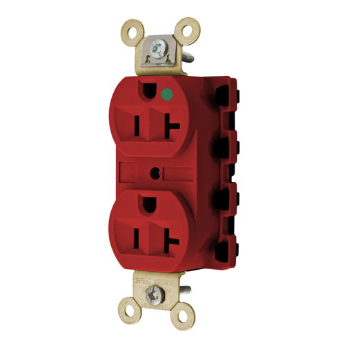 Hubbell SNAP8300RA, SNAPConnect Extra Heavy Duty Duplex Receptacles, Hospital Grade, Finder Groove, Nylon Face, 20A 125V, 5-20R, 2-Pole 3-Wire Grounding, Red