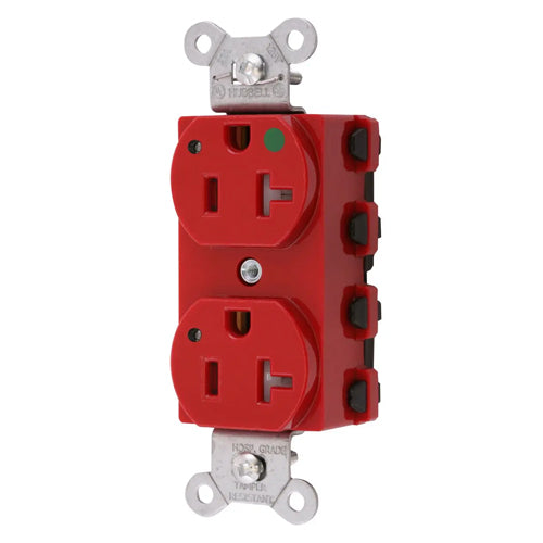 Hubbell SNAP8300RLTRA, SNAPConnect Extra Heavy Duty Duplex Receptacles, Hospital Grade, Tamper Resistant, LED Indicator, Smooth Nylon Face, 20A 125V, 5-20R, 2-Pole 3-Wire Grounding, Red