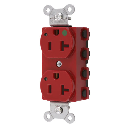 Hubbell SNAP8300RL, SNAPConnect Extra Heavy Duty Duplex Receptacles, Hospital Grade, LED Indicator, Smooth Nylon Face, 20A 125V, 5-20R, 2-Pole 3-Wire Grounding, Red