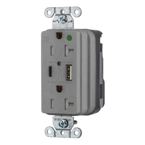 Hubbell SNAP8300UACGY, SNAPConnect USB Charger Hospital Grade Duplex Receptacles, Tamper Resistant, Style Line Decorator, Type A & Type-C Port, 20A 125V, 5-20R, 2-Pole 3-Wire Grounding, Gray