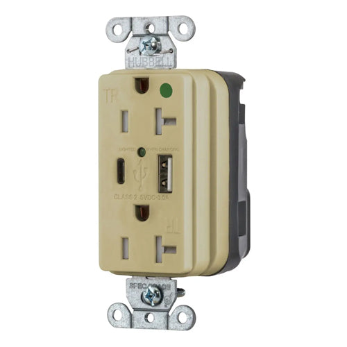 Hubbell SNAP8300UACI, SNAPConnect USB Charger Hospital Grade Duplex Receptacles, Tamper Resistant, Style Line Decorator, Type A & Type-C Port, 20A 125V, 5-20R, 2-Pole 3-Wire Grounding, Ivory