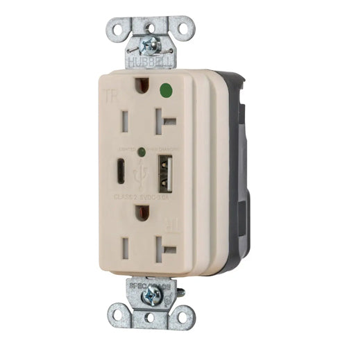 Hubbell SNAP8300UACLA, SNAPConnect USB Charger Hospital Grade Duplex Receptacles, Tamper Resistant, Style Line Decorator, Type A & Type-C Port, 20A 125V, 5-20R, 2-Pole 3-Wire Grounding, Light Almond