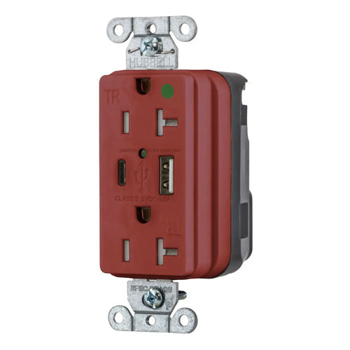 Hubbell SNAP8300UACR, SNAPConnect USB Charger Hospital Grade Duplex Receptacles, Tamper Resistant, Style Line Decorator, Type A & Type-C Port, 20A 125V, 5-20R, 2-Pole 3-Wire Grounding, Red