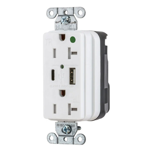 Hubbell SNAP8300UACW, SNAPConnect USB Charger Hospital Grade Duplex Receptacles, Tamper Resistant, Style Line Decorator, Type A & Type-C Port, 20A 125V, 5-20R, 2-Pole 3-Wire Grounding, White