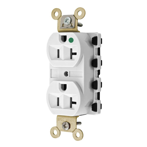 Hubbell SNAP8300WA, SNAPConnect Extra Heavy Duty Duplex Receptacles, Hospital Grade, Finder Groove, Nylon Face, 20A 125V, 5-20R, 2-Pole 3-Wire Grounding, White