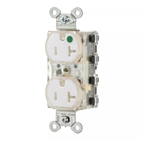 Hubbell SNAP8300WLTR, SNAPConnect Extra Heavy Duty Duplex Receptacles, Hospital Grade, Tamper Resistant, LED Indicator, Smooth Face, 20A 125V, 5-20R, 2-Pole 3-Wire Grounding, White