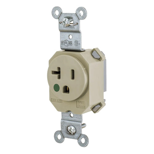 Hubbell SNAP8310I, SNAPConnect Extra Heavy Duty Receptacles, Single, Hospital Grade, 20A 125V, 5-20R, 2-Pole 3-Wire Grounding, Ivory