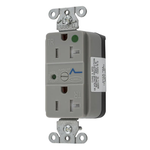 Hubbell SNAP8362GYS, SNAPConnect Surge Protection Duplex Receptacles, LED Indicator, Hospital Grade, Tamper Resistant, Smooth Face, 20A 125V, 5-20R, 2-Pole 3-Wire Grounding, Gray