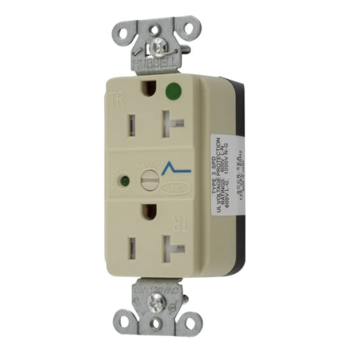 Hubbell SNAP8362IS, SNAPConnect Surge Protection Duplex Receptacles, LED Indicator, Hospital Grade, Tamper Resistant, Smooth Face, 20A 125V, 5-20R, 2-Pole 3-Wire Grounding, Ivory