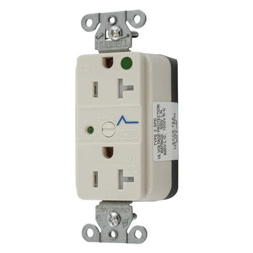 Hubbell SNAP8362LAS, SNAPConnect Surge Protection Duplex Receptacles, LED Indicator, Hospital Grade, Tamper Resistant, Smooth Face, 20A 125V, 5-20R, 2-Pole 3-Wire Grounding, Light Almond