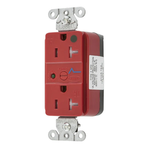 Hubbell SNAP8362RS, SNAPConnect Surge Protection Duplex Receptacles, LED Indicator, Hospital Grade, Tamper Resistant, Smooth Face, 20A 125V, 5-20R, 2-Pole 3-Wire Grounding, Red