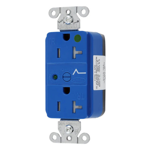 Hubbell SNAP8362S, SNAPConnect Surge Protection Duplex Receptacles, LED Indicator, Hospital Grade, Tamper Resistant, Smooth Face, 20A 125V, 5-20R, 2-Pole 3-Wire Grounding, Blue