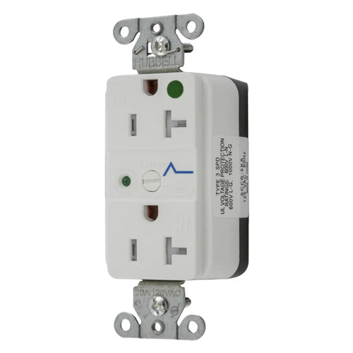 Hubbell SNAP8362WS, SNAPConnect Surge Protection Duplex Receptacles, LED Indicator, Hospital Grade, Tamper Resistant, Smooth Face, 20A 125V, 5-20R, 2-Pole 3-Wire Grounding, White