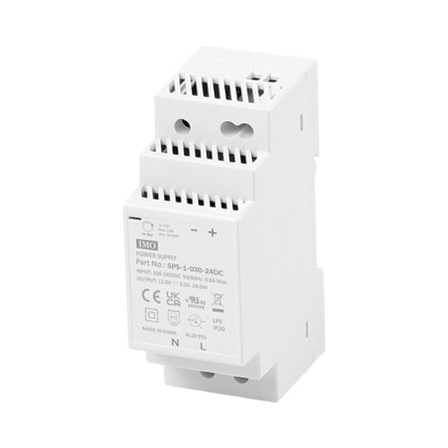 IMO SPS-1-030-24DC, SPS Series Single Phase DIN Rail Power Supply, 85-264VAC / 120-370VDC Universal Input, 30W 24VDC 1.25A Output, Plastic Body
