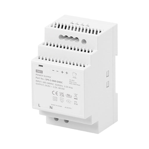 IMO SPS-1-060-24DC, SPS Series Single Phase DIN Rail Power Supply, 85-264VAC / 120-370VDC Universal Input, 60W 24VDC 2.5A Output, Plastic Body
