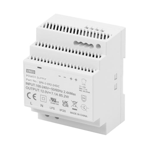 IMO SPS-1-092-24DC, SPS Series Single Phase DIN Rail Power Supply, 85-264VAC / 120-370VDC Universal Input, 92W 24VDC 3.83A Output, Plastic Body