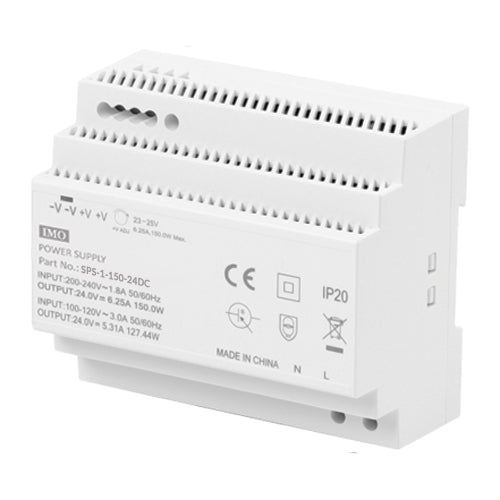 IMO SPS-1-150-24DC, SPS Series Single Phase DIN Rail Power Supply, 85-264VAC / 120-370VDC Universal Input, 150W (230VAC)/ 127.4W (115VAC), 24VDC, 6.25A (230VAC)/ 5.3A (115VAC) Output, Plastic Body