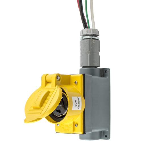Hubbell SR50, 50A Pre-Wired Wall Mounted Receptacle, With 2 ft. Wire Leads, 125/250V, Yellow