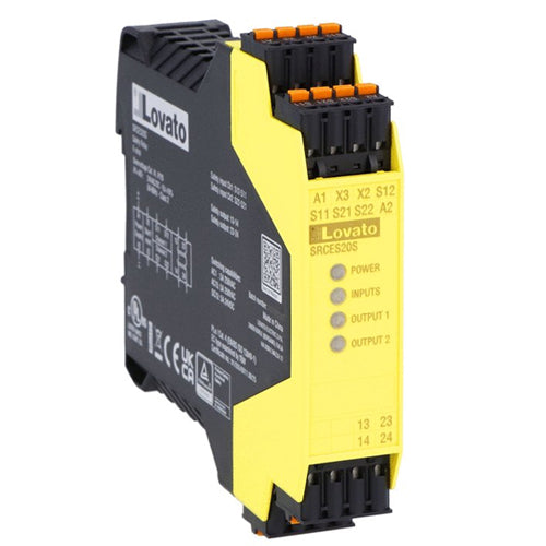 Lovato SRCES31S, Safety Relay SRC Series, Single Function, Spring-Clamp Terminals (Push-In). 3NO+1NC, For Emergency Stop, Auxiliary Supply 24VAC/DC, Up to Cat. 4, PLe (EN/ISO 13849-1)