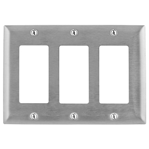 Hubbell SS263, Style Line Decorator Switch Metal Wallplates, Standard Size, Smooth Lacquer Finish, 3-Gang, 302/304 Stainless Steel