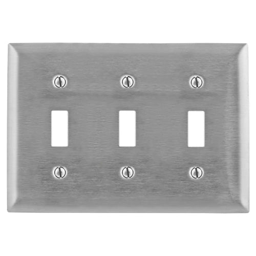 Hubbell SS3, Toggle Switch Metal Wallplates, Standard Size, Smooth Lacquer Finish, 3-Gang, 302/304 Stainless Steel