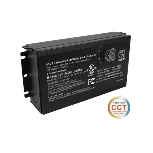 Lotus SVD-24060-J-5CCT, 5CCT Selectable 24V 60W 5-in-1 Dimmable cULus Driver with Built-in Wiring Chambers 120-277V Wet Class 2