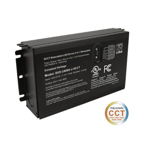 Lotus SVD-24096-J-5CCT, 5CCT Selectable 24V 96W 5-in-1 Dimmable cULus Driver with Built-in Wiring Chambers 120-277V Wet Class 2