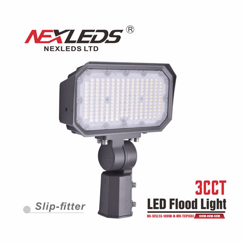 NEXLEDS NXSFLL-13-30W-H-MV-TCP(Slip-fitter), 3CCT LED Flood Light, CCT and Wattage Adjustable, 120-347VAC, 15/20/30W, 130LM/W, 3000/4000/5000K, Bronze, Slip-fitter Mount