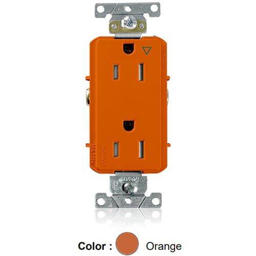 Leviton T1626-IG, Decora Plus Straight Blade Duplex Receptacle, Heavy-Duty Industrial Specification Grade, Smooth Face, Isolated Ground, Tamper-Resistant, 15A 125V, NEMA 5-15R, 2-Pole, 3-Wire, Back and Side Wire, Orange