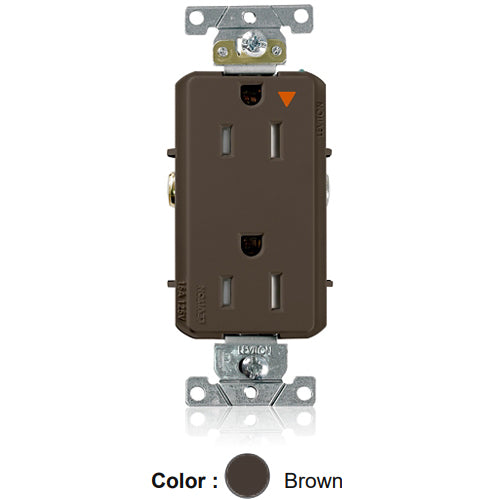 Leviton T1626-IGB, Decora Plus Straight Blade Duplex Receptacle, Heavy-Duty Industrial Specification Grade, Smooth Face, Isolated Ground, Tamper-Resistant, 15A 125V, NEMA 5-15R, 2-Pole, 3-Wire, Back and Side Wire, Brown
